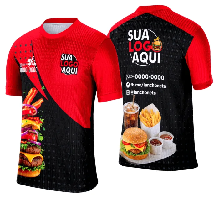 Camiseta unissex branca com logo no peito e estampa grande nas costas com tema de lanche e hamburgueria