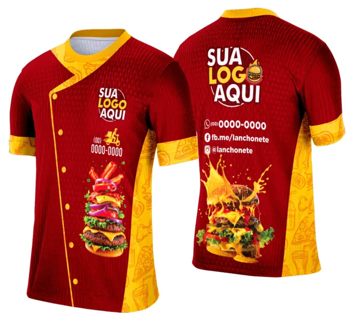Camiseta unissex branca com logo no peito e estampa grande nas costas com tema de lanche e hamburgueria