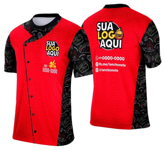 Camiseta unissex branca com logo no peito e estampa grande nas costas com tema de lanche e hamburgueria