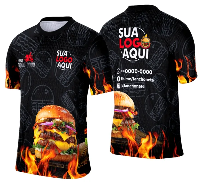 Camiseta unissex branca com logo no peito e estampa grande nas costas com tema de lanche e hamburgueria
