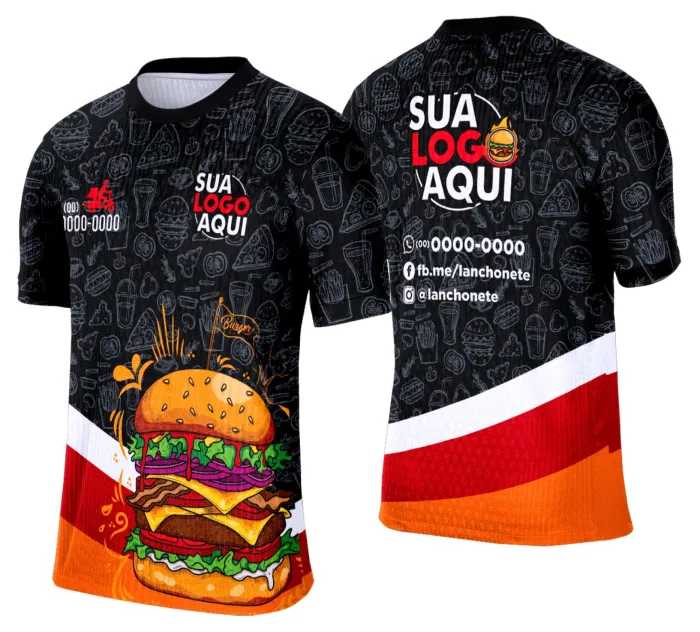 Camiseta unissex branca com logo no peito e estampa grande nas costas com tema de lanche e hamburgueria