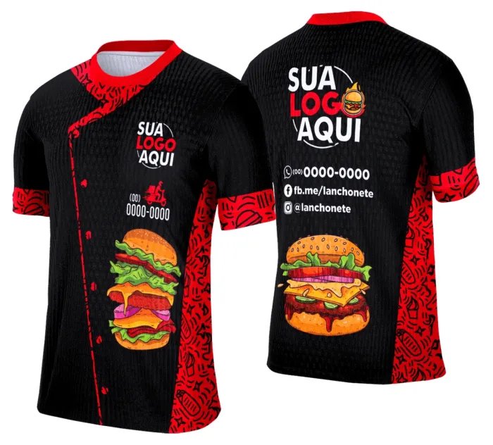 Camiseta unissex branca com logo no peito e estampa grande nas costas com tema de lanche e hamburgueria