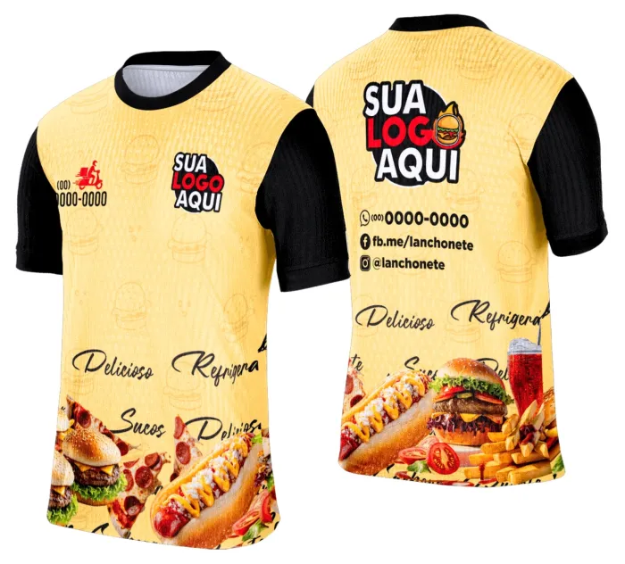 Camiseta unissex branca com logo no peito e estampa grande nas costas com tema de lanche e hamburgueria