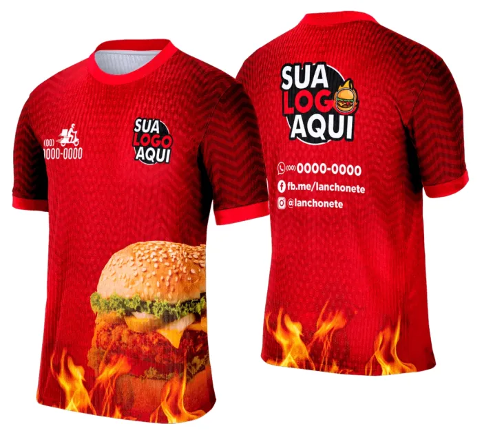 Camiseta unissex branca com logo no peito e estampa grande nas costas com tema de lanche e hamburgueria