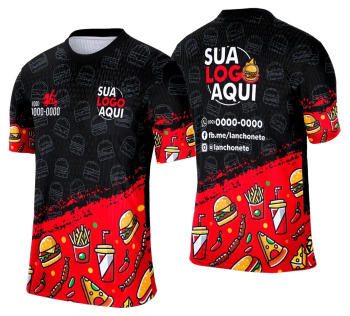 Camiseta unissex branca com logo no peito e estampa grande nas costas mostrando lanche e hamburgueria