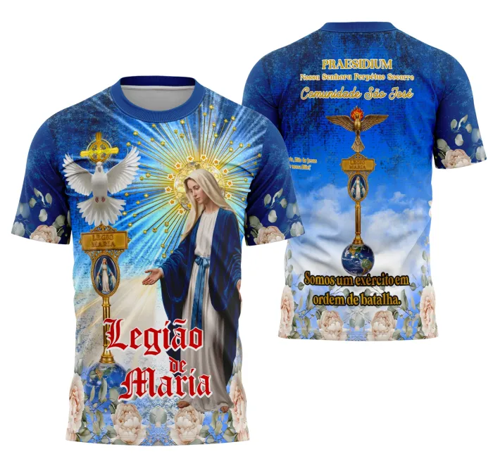 Camiseta unissex preta com logo no peito e estampa grande nas costas, tema Legião de Maria Religião, visual moderno e confortável, ideal para quem busca estilo e fé no dia a dia.