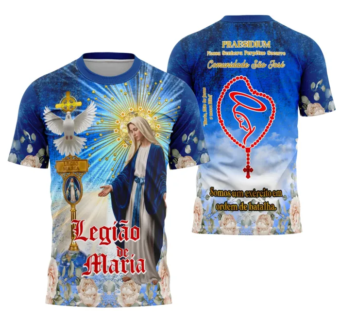 Camisa unissex preta com logo no peito e estampa grande nas costas da Legião de Maria Religião, modelo 03, trazendo estilo e fé para o dia a dia.