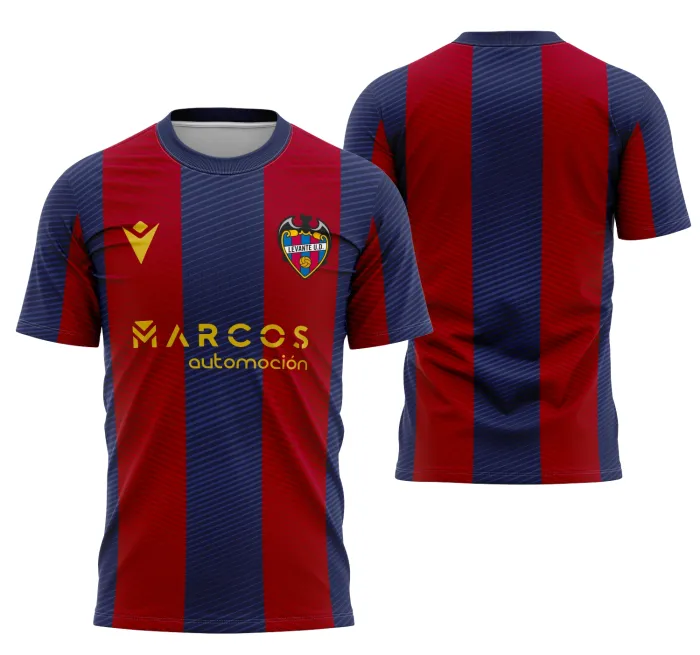 Camiseta preta unissex com logo no peito e estampa grande nas costas do Levante Kit Casa 25-26, perfeita para torcedores e fãs do time.