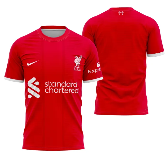 Camiseta unissex preta com logo no peito e estampa grande nas costas inspirado no Liverpool Concept 2023, ideal para fãs do clube que curtem estilo único e moderno.