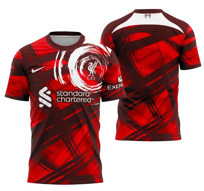 Camiseta unissex preta com logo no peito e estampa grande nas costas do Liverpool Concept 2024 Modelo 2, ideal para fãs que querem estilo e conforto.