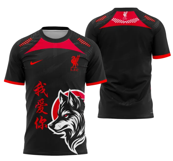 Camiseta unissex preta com logo no peito e estampa grande nas costas com design Liverpool Interclasse 2025, perfeita para fãs e eventos esportivos.