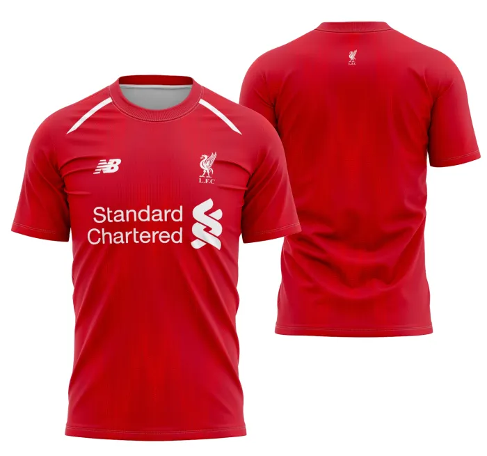 Camiseta unissex preta com logo no peito e estampa grande nas costas do Liverpool Local 2018-2019, ideal para fãs do futebol com visual moderno e autêntico.