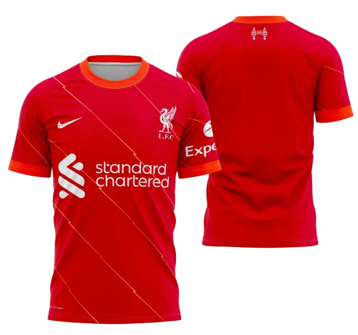 Camiseta preta unissex com logo no peito e estampa grande nas costas do Liverpool Local 2021-2022, estilo esportivo e moderno ideal para fãs.