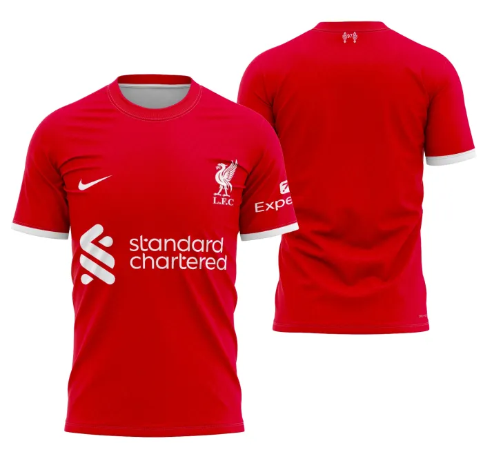 Camiseta unissex preta com logo no peito e estampa grande nas costas inspirada na Camisa Liverpool Local 2023-2024, perfeita para fãs e colecionadores do time.