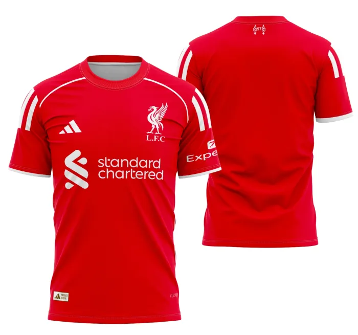Camisa unissex preta com logo no peito e estampa grande nas costas do Liverpool Local 2025-2026, perfeita para torcedores que querem mostrar paixão e estilo.