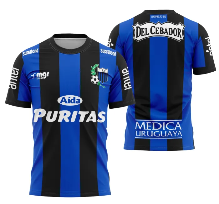 Camiseta unissex preta com logo no peito e estampa grande nas costas com o tema Liverpool Montevideo Local 2024, ideal para torcedores e fãs do time.