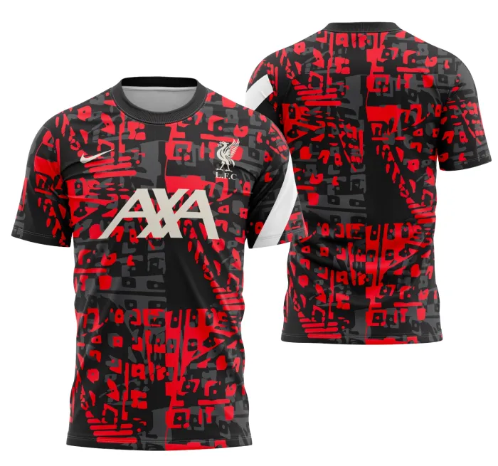 Camiseta unissex preta com logo no peito e estampa grande nas costas inspirada na camisa Liverpool Pre Match 2021-2022, design moderno e esportivo para fãs do clube.