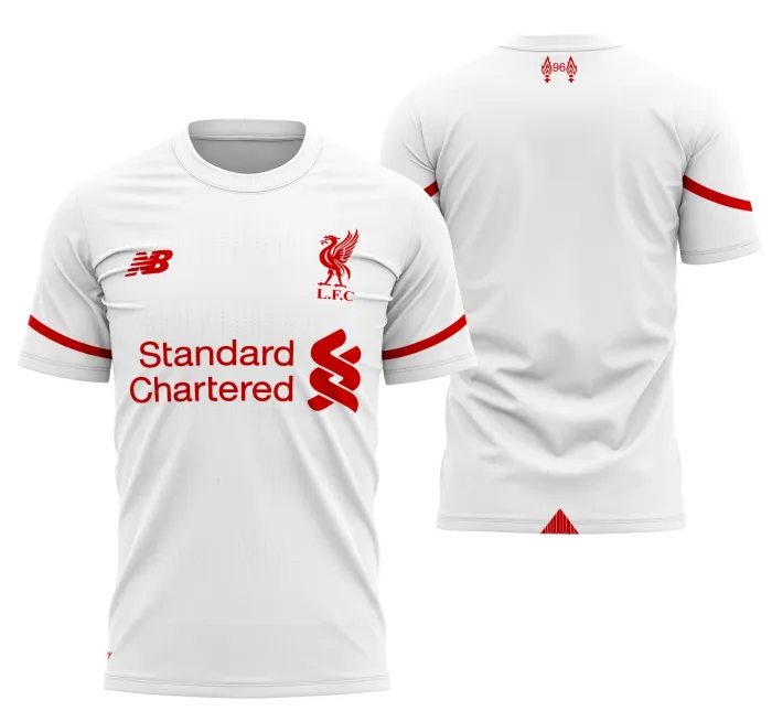 Camiseta unissex preta com logo no peito e estampa grande nas costas inspirada na camisa Liverpool Visita 2015-2016, perfeita para fãs do futebol e estilo casual.