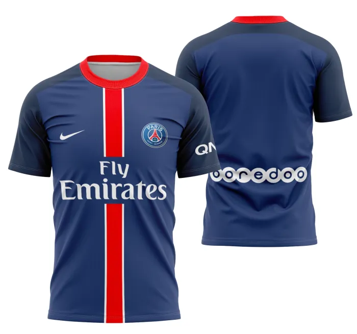 Camiseta preta unissex com logo no peito e estampa grande nas costas mostrando os locais do PSG 2015-2016, ideal para fãs do time e estilo esportivo.