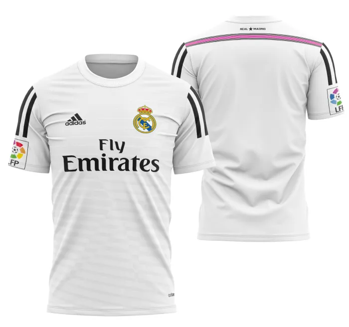 Camiseta unissex preta com logo no peito e estampa grande nas costas dos locais do Real Madrid 2014-2015, exibindo um visual moderno e esportivo.