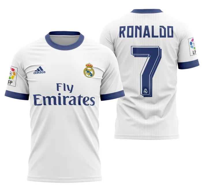 Camiseta unissex branca com logo no peito e estampa grande nas costas mostrando os locais do Real Madrid 2016-2017, ideal para fãs do time e estilo esportivo moderno