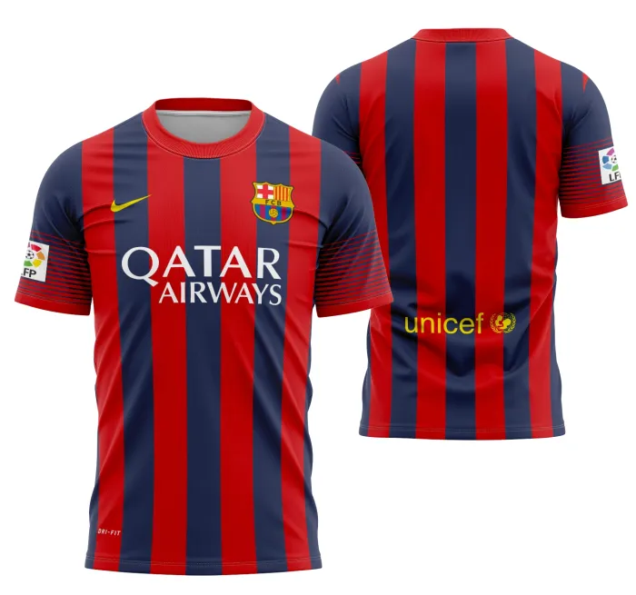 Camiseta unissex preta com logo no peito e estampa grande nas costas do time Barcelona temporada 2013-2014, perfeito para torcedores que querem estilo e paixão em uma peça única.