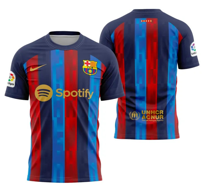 Camiseta unissex preta com logo no peito e estampa grande nas costas do time de futebol Local De Barcelona 2022-2023, ideal para fãs e eventos esportivos.