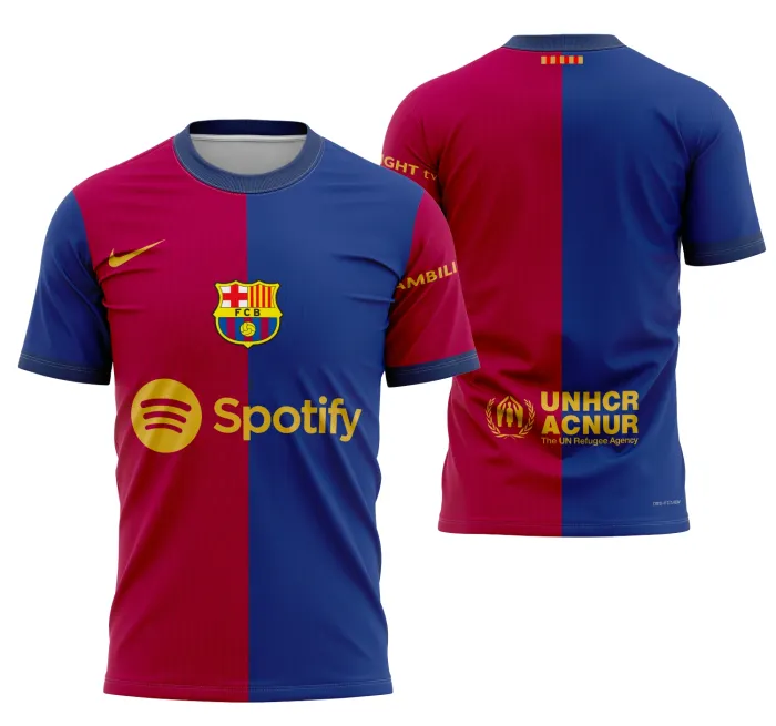Camiseta unissex preta com logo no peito e estampa grande nas costas, tema Local De Barcelona 2024-2025, perfeita para torcedores e fãs do futebol