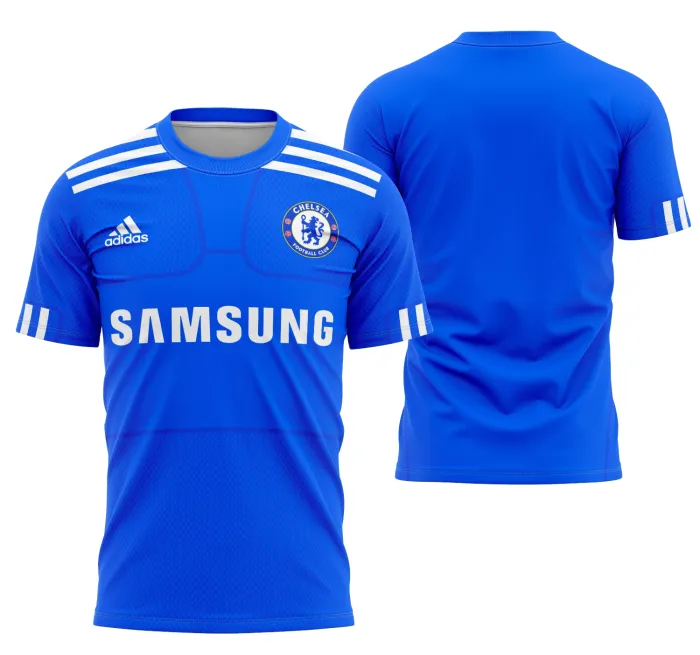 Camiseta unissex preta com logo no peito e estampa grande nas costas do Chelsea 2009-2010, perfeita para fãs do time, estilo casual e confortável.