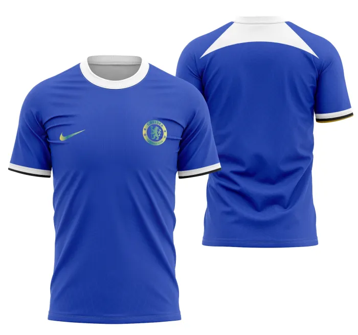 Camiseta unissex preta com logo do Chelsea no peito e estampa grande nas costas da camisa local 2023-2024, ideal para torcedores que querem se destacar.