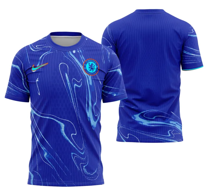 Camiseta unissex preta com logo no peito do Chelsea e estampa grande nas costas com design local 2024-2025, ideal para torcedores que buscam estilo e conforto.