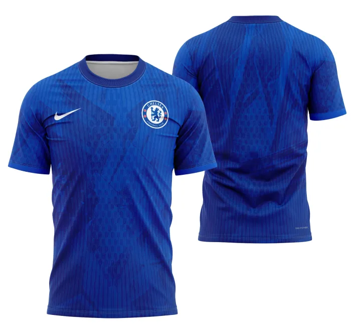 Camiseta unissex branca com logo do Chelsea no peito e estampa grande nas costas, tema Camisa Local Do Chelsea 2025-2026, design moderno e vibrante para torcedores.