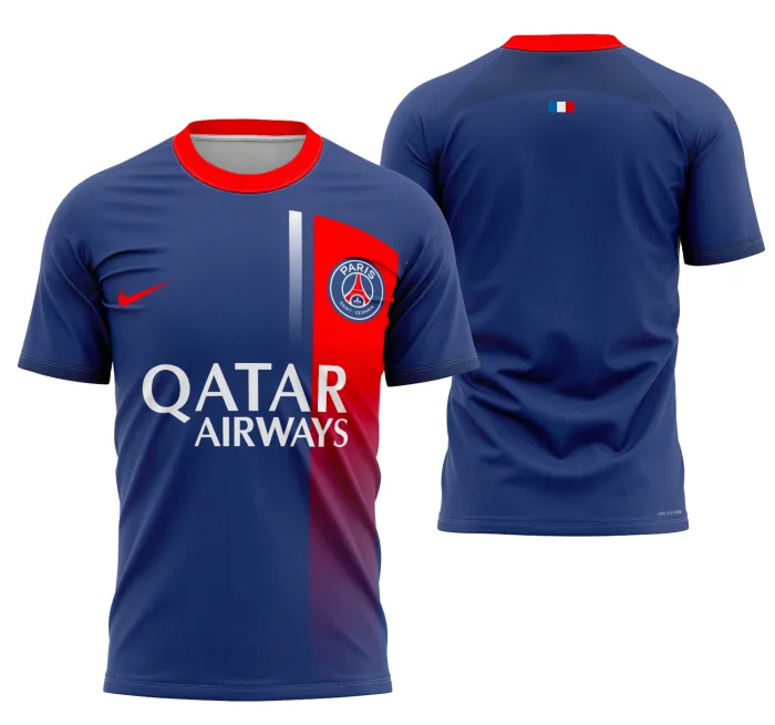 Camiseta unissex preta com logo do PSG no peito e estampa grande nas costas mostrando o design da camisa local do PSG 2023-2024, perfeita para torcedores e colecionadores apaixonados.