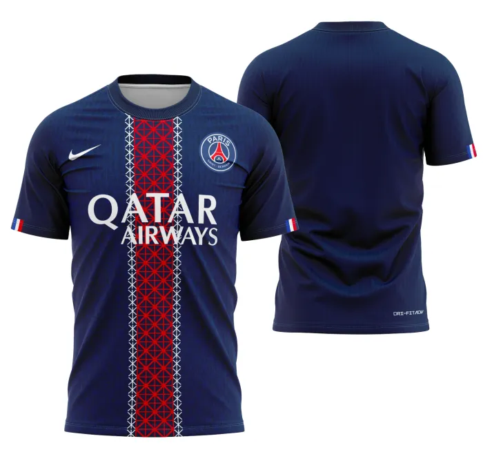 Camisa preta unissex com logo no peito e estampa grande nas costas do time PSG 2025-2026, ideal para quem ama futebol e estilo urbano casual