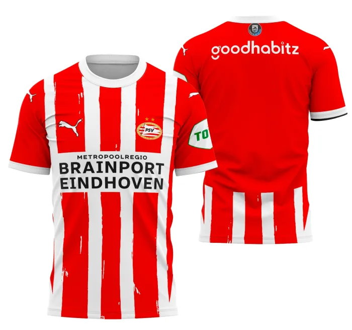 Camiseta unissex preta com logo no peito e estampa grande nas costas inspirada no design local do PSV Eindhoven 2024-2025, ideal para fãs de futebol e estilo urbano.