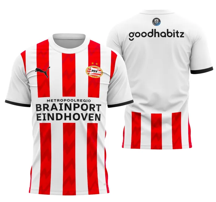 Camiseta unissex com cor base branca, logo no peito e estampa grande nas costas, temática da camisa local do PSV Eindhoven 2025-2026, estilo esportivo moderno e vibrante.