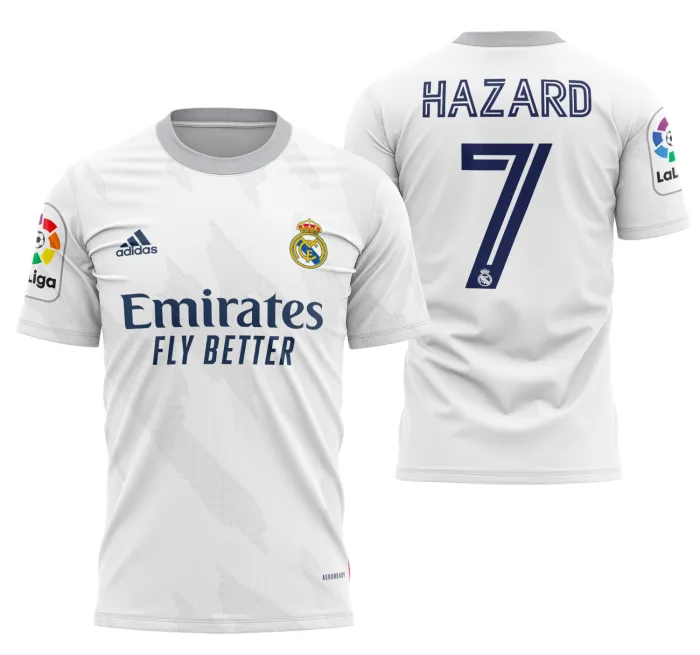 Camiseta unissex branca com logo no peito e estampa grande nas costas do modelo Local do Real Madrid 2020-2021, ideal para fãs e colecionadores do futebol.