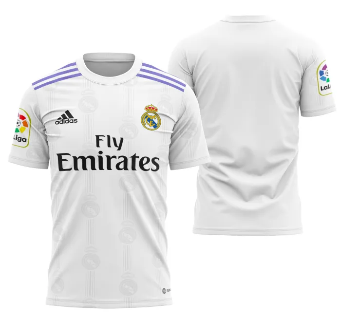 Camiseta unissex preta com logo do Real Madrid no peito e estampa grande nas costas inspirada na camisa local 2022-2023