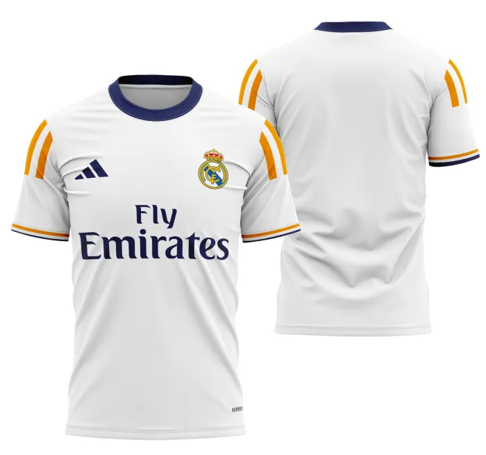 Camiseta unissex branca com logo no peito e estampa grande nas costas do tema Camisa Local Do Real Madrid 2023-2024, ideal para torcedores que querem destacar sua paixão pelo time.