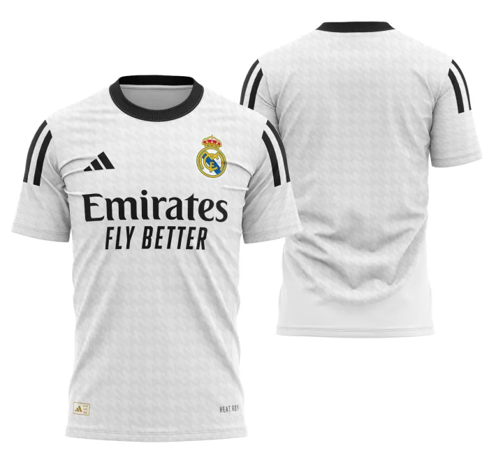 Camisa unissex branca com logo no peito e estampa grande nas costas baseada no design do Real Madrid 2024-2025, perfeita para torcer com estilo e conforto.