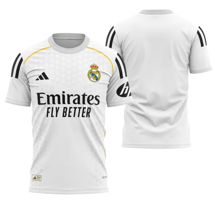 Camiseta unissex preta com logo no peito e estampa grande nas costas da Camisa Local do Real Madrid 2025-2026, design moderno e elegante para fãs de futebol.