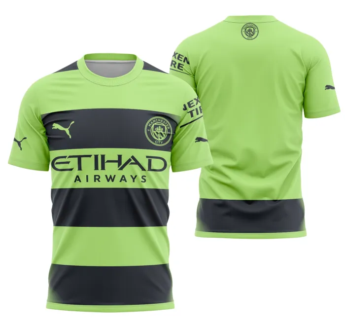 Camiseta unissex preta com logo no peito e estampa grande nas costas do Manchester City Alternativa 2022-2023, ideal para fãs que curtem o futebol e estilo esportivo.