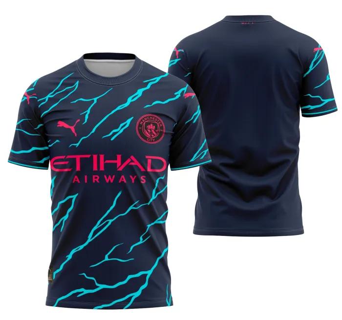 Camiseta unissex preta com logo no peito e estampa grande nas costas do Manchester City Alternativa 2023-2024, design moderno e esportivo.