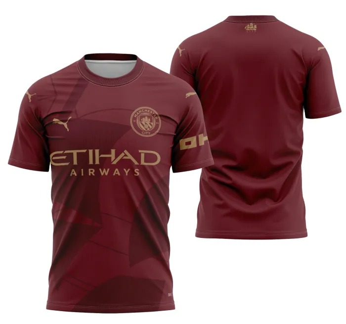 Camiseta unissex preta com logo no peito e estampa grande nas costas do Manchester City Alternativa 2024-2025, ideal para fãs que querem estilo moderno e autêntico
