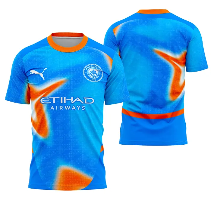Camiseta unissex preta com logo no peito e estampa grande nas costas inspiradas no Manchester City Conceito Terceiro Kit, perfeita para fãs que buscam estilo e conforto.