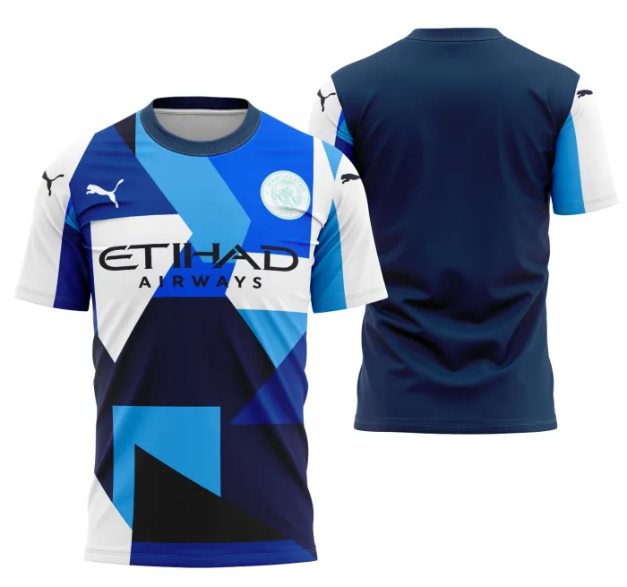 Camiseta unissex preta com logo no peito e estampa grande nas costas do Manchester City Concept 2022, design moderno e arrojado para fãs do futebol