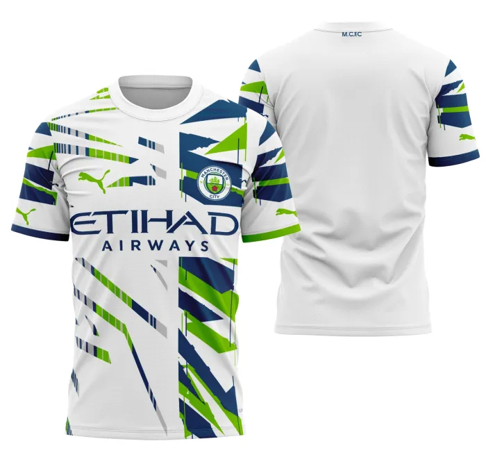 Camiseta unissex preta com logo no peito e estampa grande nas costas inspirada no Manchester City Concept 2023-2024