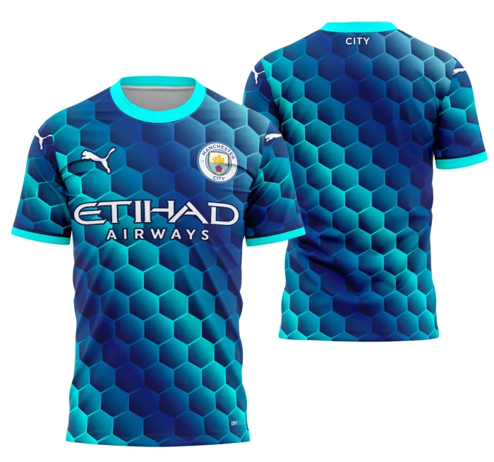 Camiseta unissex preta com logo no peito e estampa grande nas costas inspirada no Manchester City Concept 2023, ideal para fãs do time que buscam estilo e conforto.