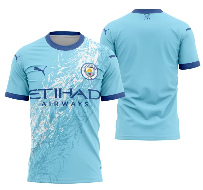 Camiseta unissex preta com logo no peito e estampa grande nas costas inspirada no Manchester City Concept 2023 Modelo 1, design moderno e esportivo para torcedores apaixonados.