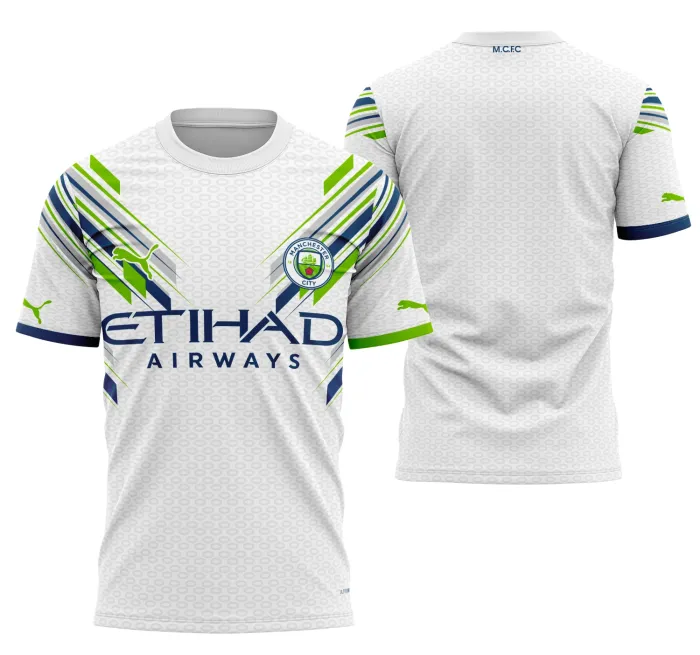 Camiseta unissex na cor preta com logo no peito e estampa grande nas costas inspirada no Manchester City Concept 2023 Modelo 2, ideal para fãs do futebol e estilo urbano.